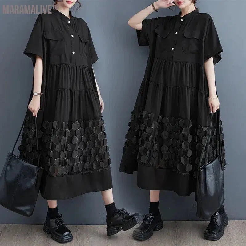 Patchwork Honeycomb Black Half Buttoned Tiered Loose Casual Women Midi Shirt Dresses Stand Collor Spring Autumn