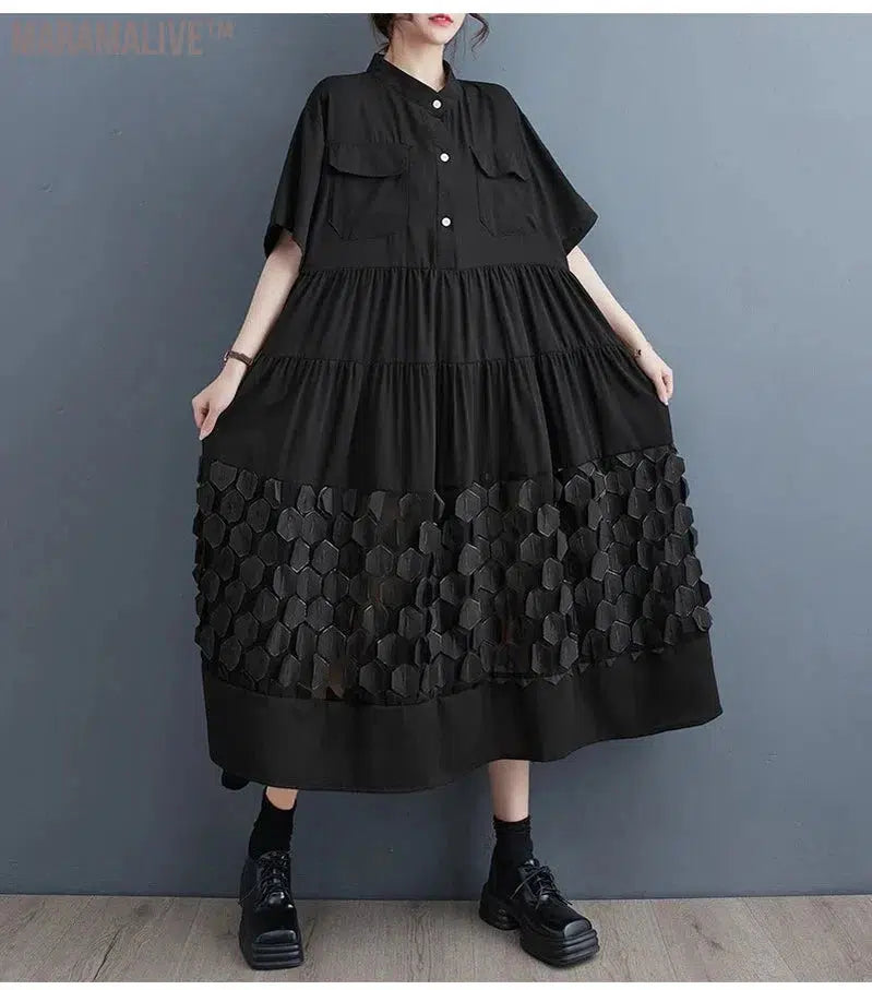 Patchwork Honeycomb Black Half Buttoned Tiered Loose Casual Women Midi Shirt Dresses Stand Collor Spring Autumn