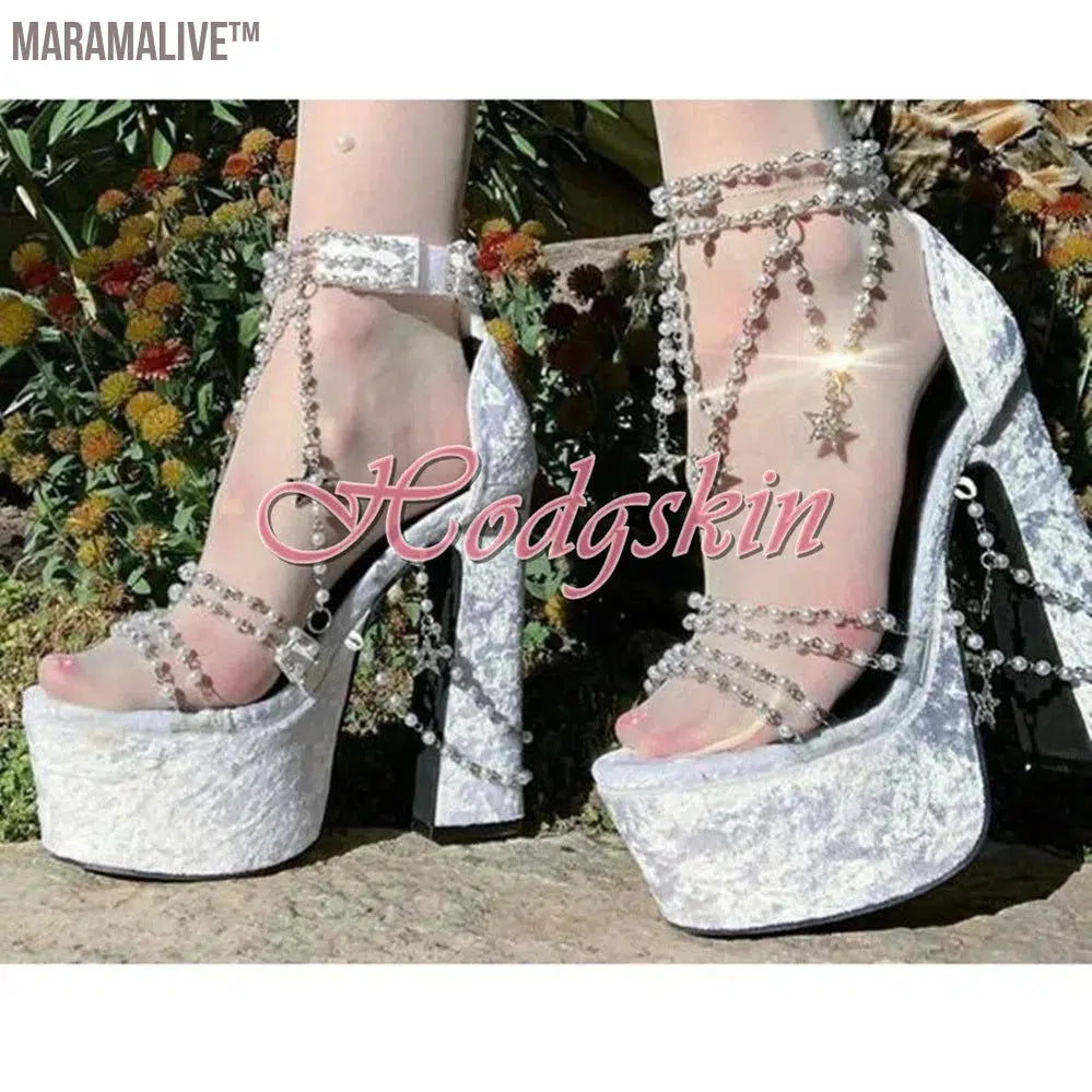 Pearl Chain Crystal Platform Chunky High Heels Solid Sexy Style Sandals