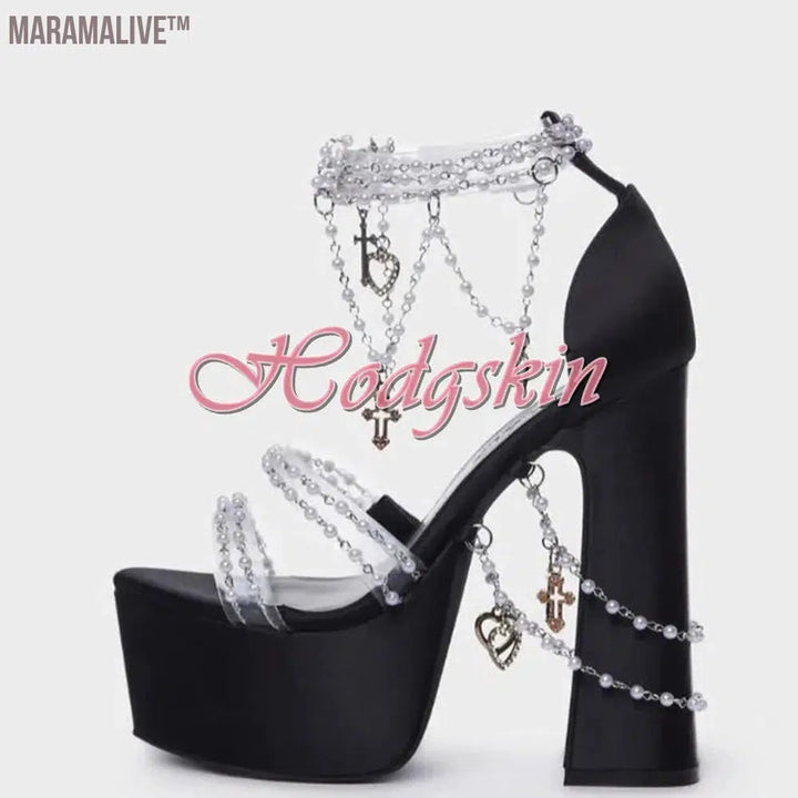 Pearl Chain Crystal Platform Chunky High Heels Solid Sexy Style Sandals