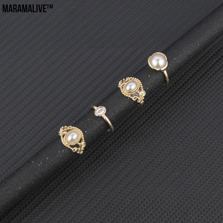 Pearl Ring Set Four-Piece Metal Ring Women