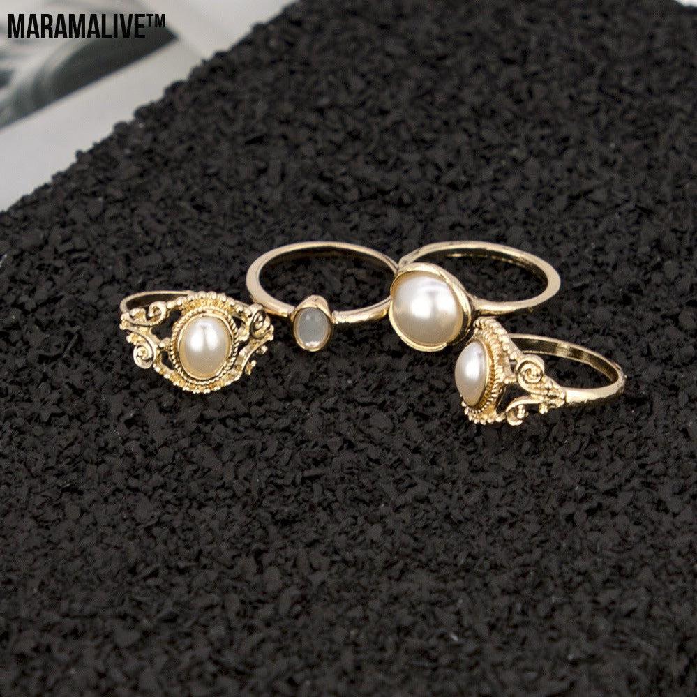 Pearl Ring Set Four-Piece Metal Ring Women