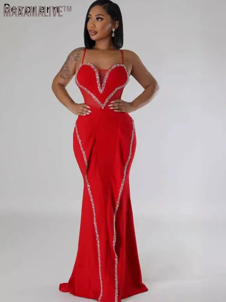 Perfect Red Rhinestones Long One-Piece Dress Gown Elegant Sleeveless Crystal Night Out Party Dress Celebrities Outfits