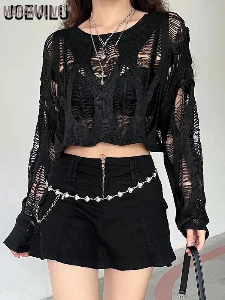 Perforated Hollow Out Knitted Blouse Sunscreen Long Sleeve Top Gothic Dark Black Sexy Thin Sweater Women's Summer Chic Crop Tops