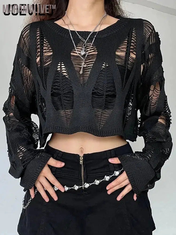 Perforated Hollow Out Knitted Blouse Sunscreen Long Sleeve Top Gothic Dark Black Sexy Thin Sweater Women's Summer Chic Crop Tops