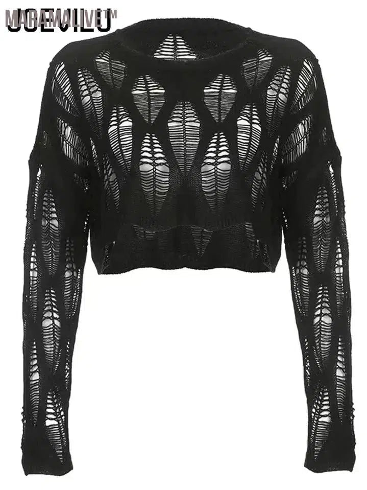 Perforated Hollow Out Knitted Blouse Sunscreen Long Sleeve Top Gothic Dark Black Sexy Thin Sweater Women's Summer Chic Crop Tops