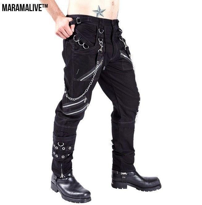 Personality Casual Pants Men's Gothic Pants Punk Rock Eyelet Cargo Bondage Pants