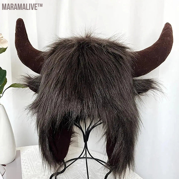 Personality Winter Cap Funny Big Cow Horn Hat Thick Warm Faux Fur Ear Protection Thunderbolt Cap Windproof Women Men Cap Hat