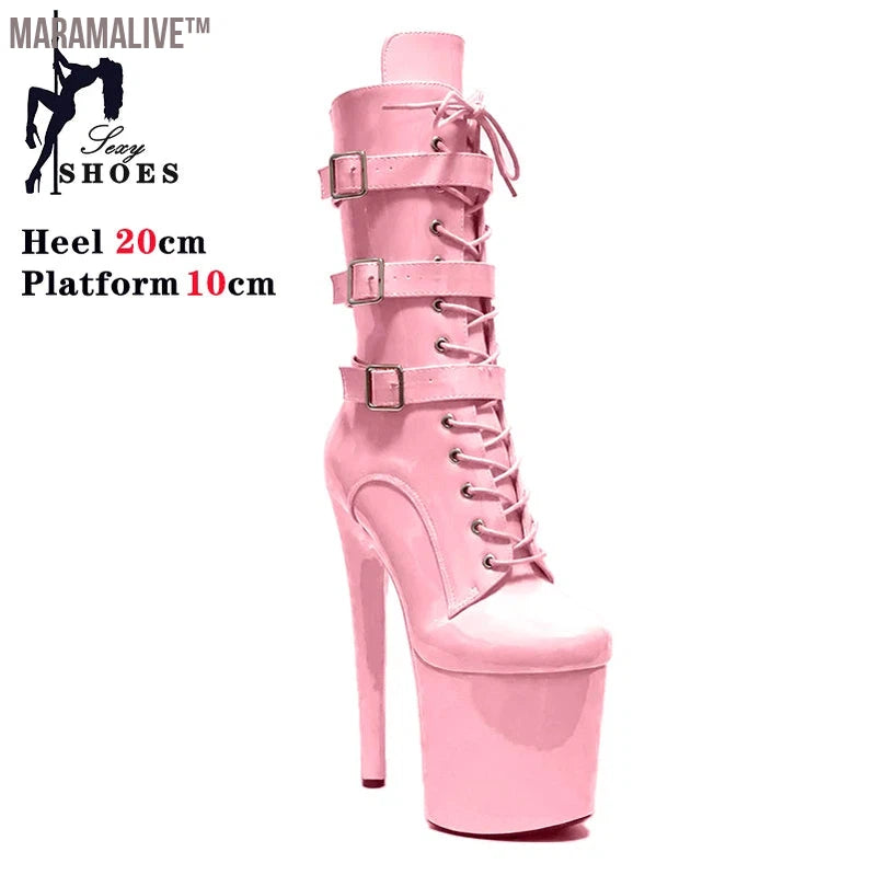 Pink Fashionable Women's Ankle Boots with Round Toe Side Zip Short Boots for Pole Dance Platform Heels Three Belt Buckle