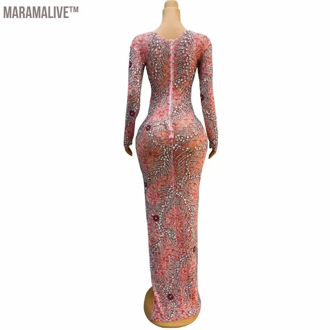 Pink full rhinestones wrap Evening Dress Mesh See Through Drag Queen Club Party Birthday Special Occasion Sexy costume festival