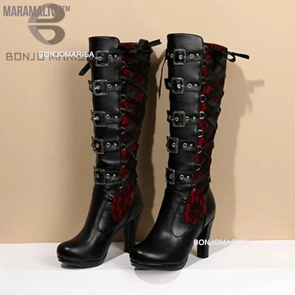 Platform Boots For Women Lace Up Chunky High Heel Mid Calf Boots Narrow Band Bow Knot Goth Gothic Shoes Winter 2023