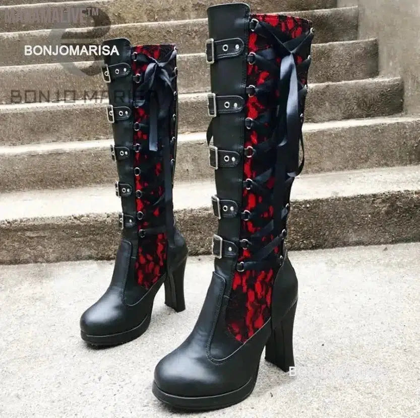 Platform Boots For Women Lace Up Chunky High Heel Mid Calf Boots Narrow Band Bow Knot Goth Gothic Shoes Winter 2023