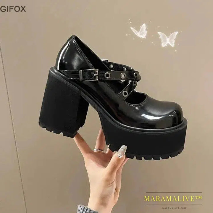 Platform Heeled Women Pump Gothic Round Toe Fashion JK High Heels Spring Casual Buckle Strappy Lolita Shoes