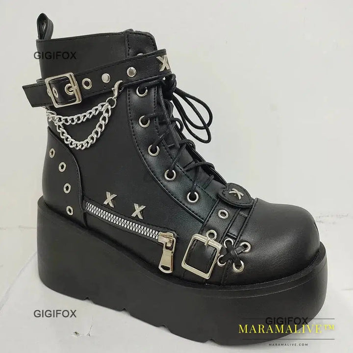 Platform High Wedges Gothic Style Women Mid Calf Boots Buckle Zipper Metal Chain Punk Round Toe Autumn Shoes Boots