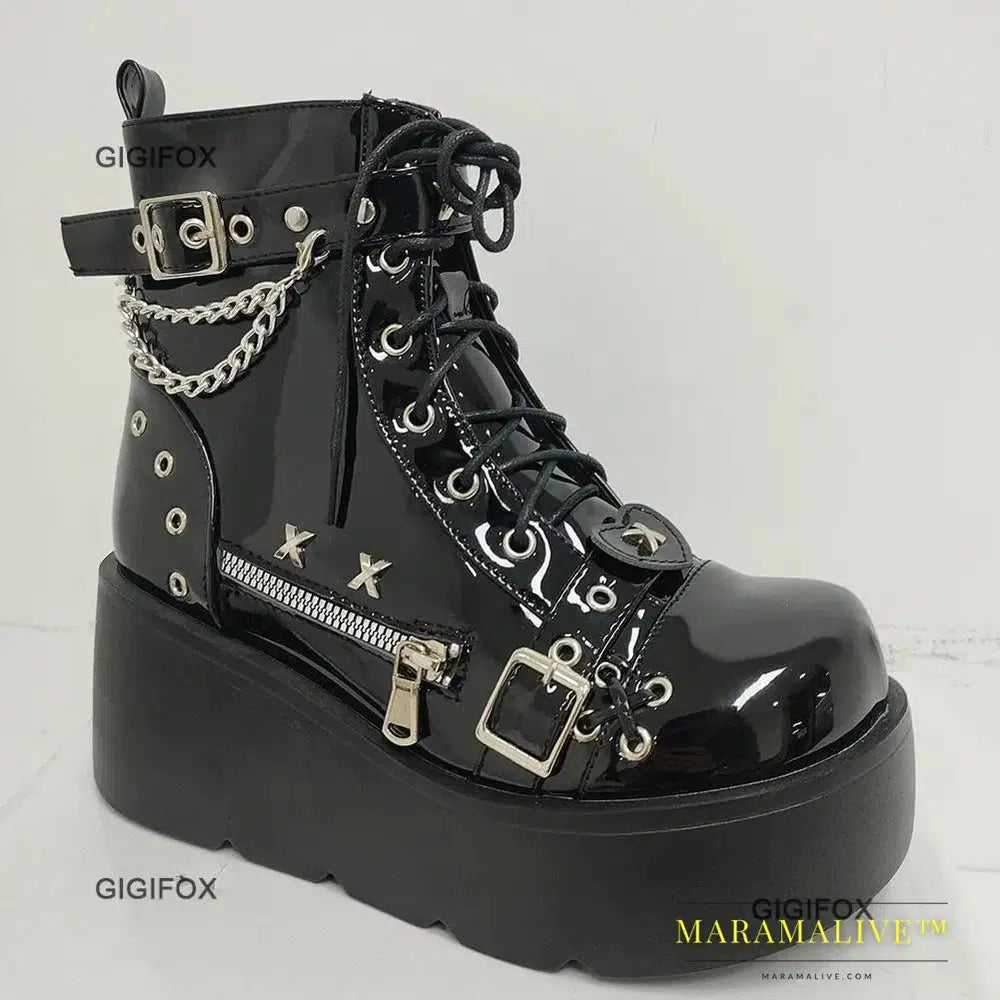 Platform High Wedges Gothic Style Women Mid Calf Boots Buckle Zipper Metal Chain Punk Round Toe Autumn Shoes Boots