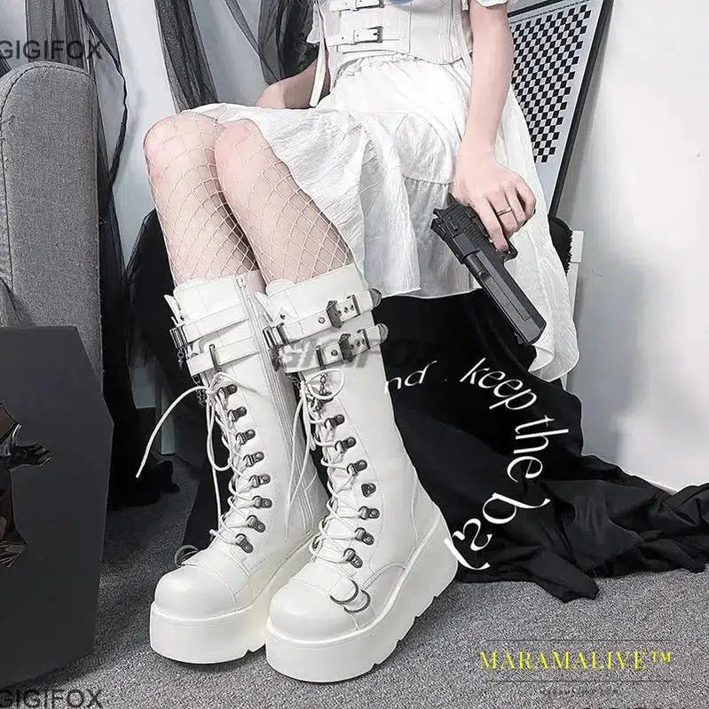 Platform High Wedges Gothic Style Women Mid Calf Boots Buckle Zipper Metal Chain Punk Round Toe Autumn Shoes Boots