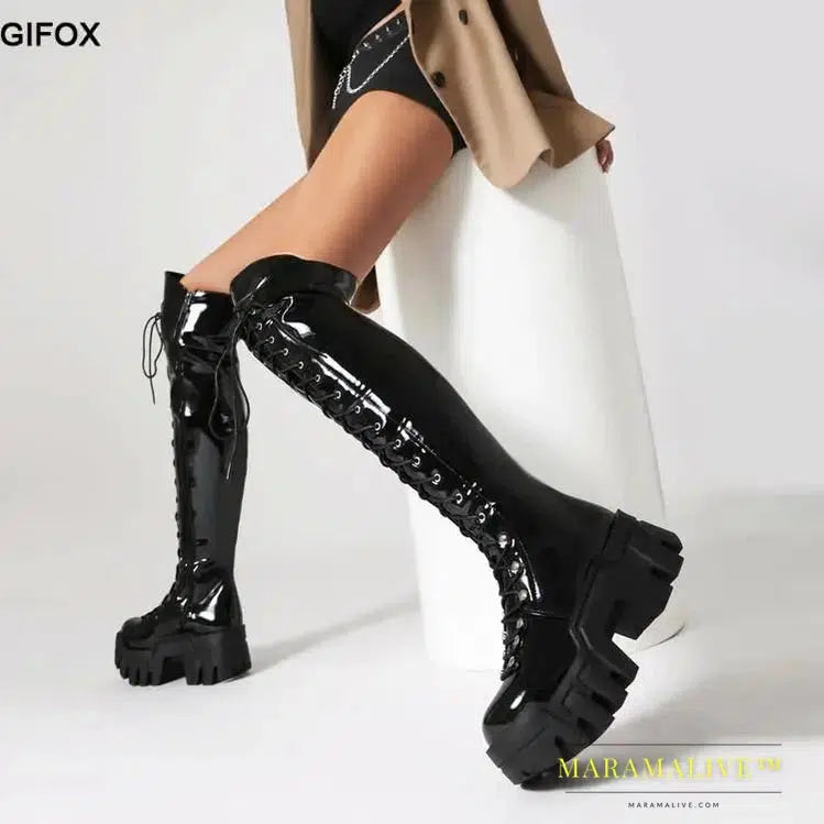 Platform Over The Knee Boots For Women Wedge Heel Fashion Motorcycle Punk Lace Up Winter Boots Chunky New Rock Shoes