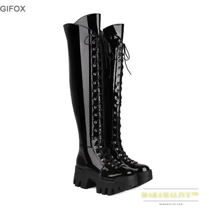 Platform Over The Knee Boots For Women Wedge Heel Fashion Motorcycle Punk Lace Up Winter Boots Chunky New Rock Shoes