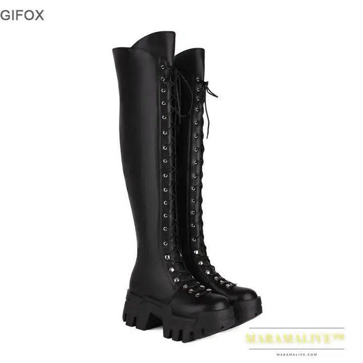 Platform Over The Knee Boots For Women Wedge Heel Fashion Motorcycle Punk Lace Up Winter Boots Chunky New Rock Shoes