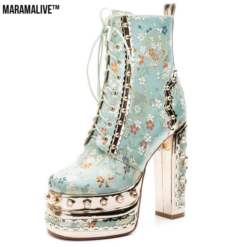 Platform Super High Heel Lace Rivet Silk Boots