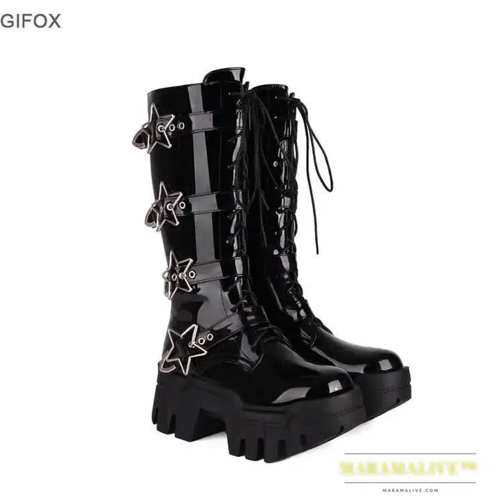 Platform Wedges Knee High Boots For Women Chunky Heel Fashion Punk Motorcyle Boots Goth Gothic New Rock Shoes Winter