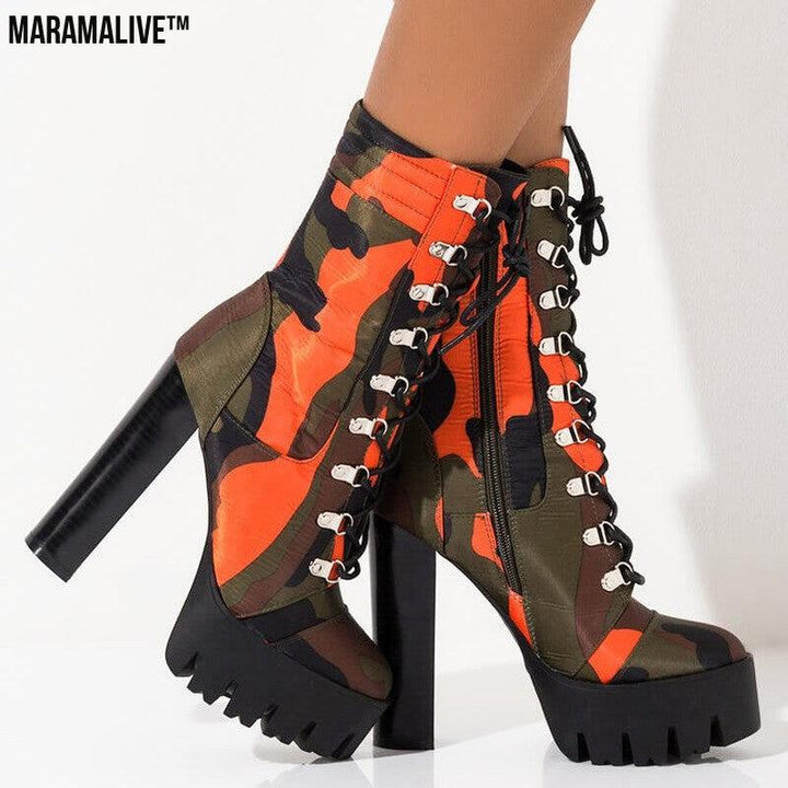 Platform camouflage high heel boots