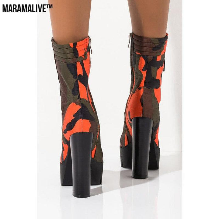 Platform camouflage high heel boots