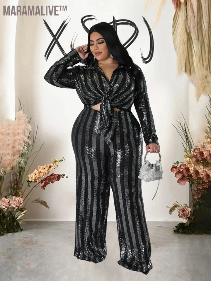 Plus Size 2 Piece Set Women Autumn and Winter Clothes Sequins Night Club Outfits Long Sleeve Crop Top and Pants Sexy Party Set