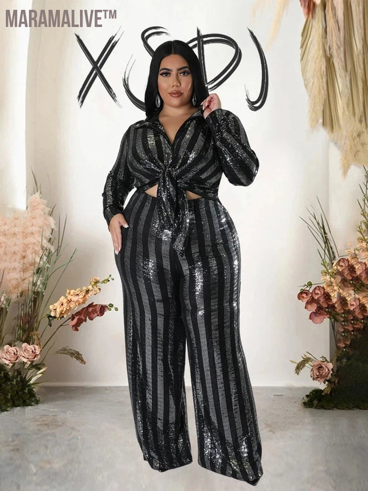 Plus Size 2 Piece Set Women Autumn and Winter Clothes Sequins Night Club Outfits Long Sleeve Crop Top and Pants Sexy Party Set