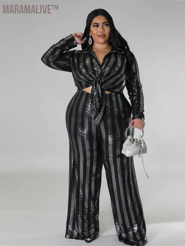 Plus Size 2 Piece Set Women Autumn and Winter Clothes Sequins Night Club Outfits Long Sleeve Crop Top and Pants Sexy Party Set