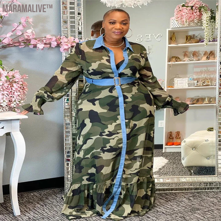 Plus Size 5XL Summer Dress for Women Camouflage Long Sleeve Floor Length Shirt Dress Sexy Fashion