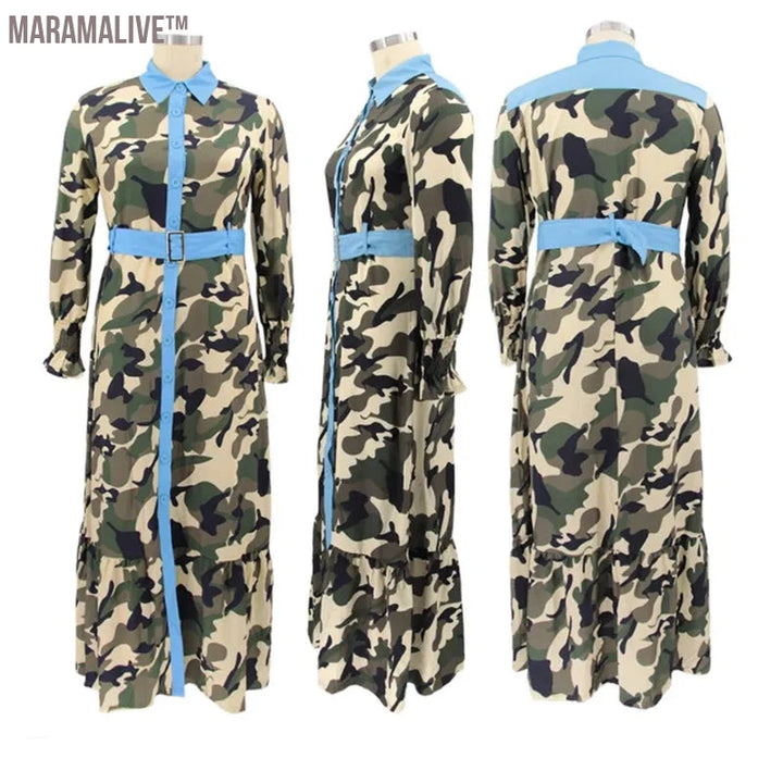 Plus Size 5XL Summer Dress for Women Camouflage Long Sleeve Floor Length Shirt Dress Sexy Fashion