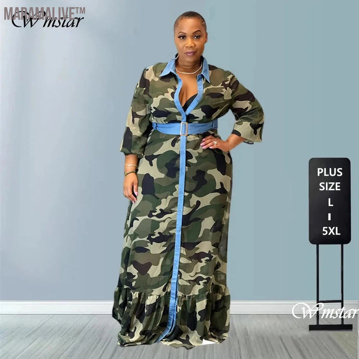 Plus Size 5XL Summer Dress for Women Camouflage Long Sleeve Floor Length Shirt Dress Sexy Fashion