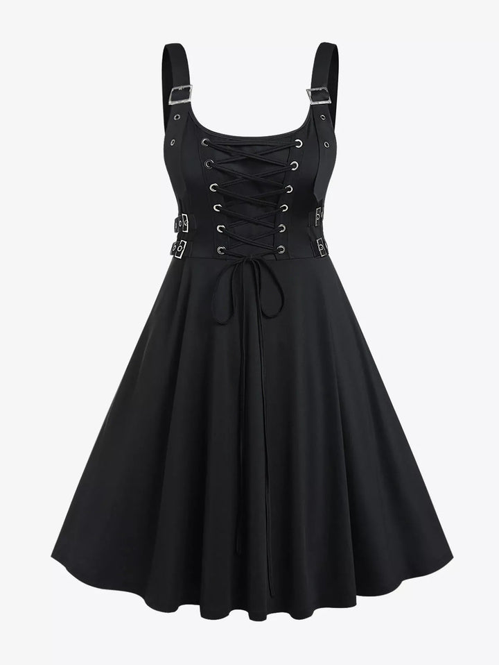 Plus Size Black High Waist Knee-Length Party Dress For Women Gothic Lace Up Buckles Sleeveless Backless Dresses Vestidos