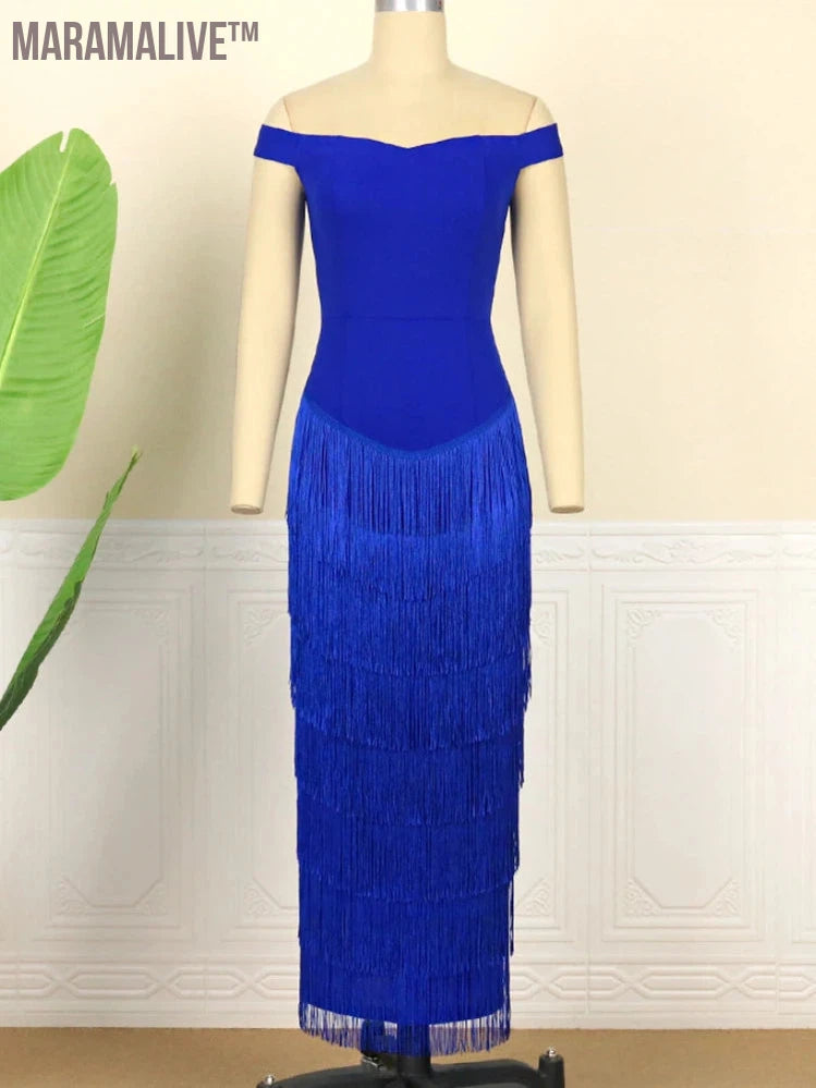 Plus Size Blue Fringe Dress Women Tassel Strapless Sexy Off Shoulder Sleevless Elegant Bodycon Long Birthday Party Outfits 2024