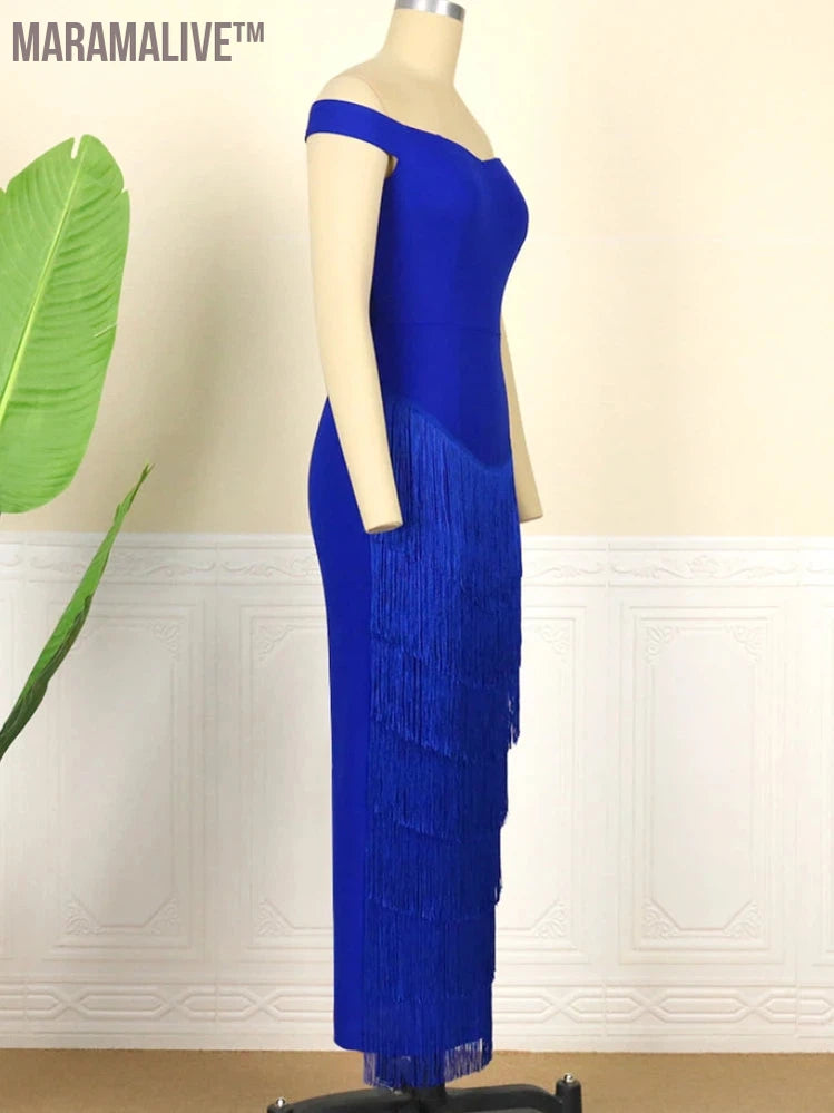 Plus Size Blue Fringe Dress Women Tassel Strapless Sexy Off Shoulder Sleevless Elegant Bodycon Long Birthday Party Outfits 2024