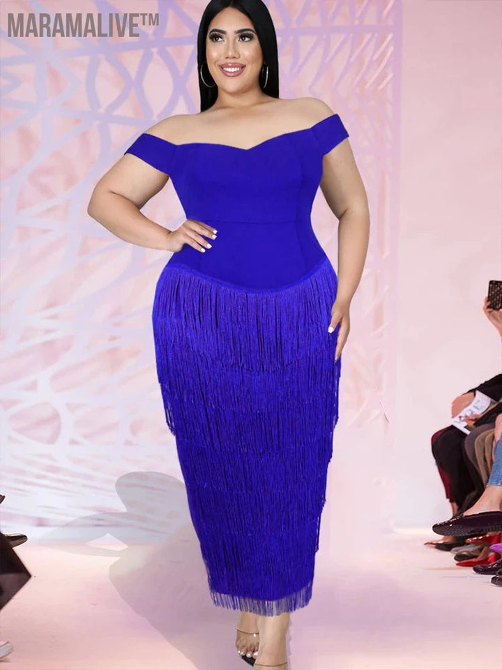 Plus Size Blue Fringe Dress Women Tassel Strapless Sexy Off Shoulder Sleevless Elegant Bodycon Long Birthday Party Outfits 2024