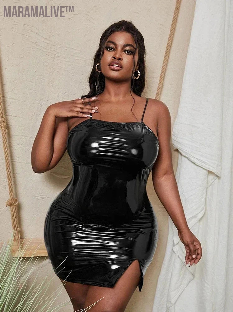 Plus Size Bodycon Faux Latex Dress Women Shiny PVC Leather Mini Spaghetti Straps Dress Side Split Ladies Clubwear 7XL 6XL Custom