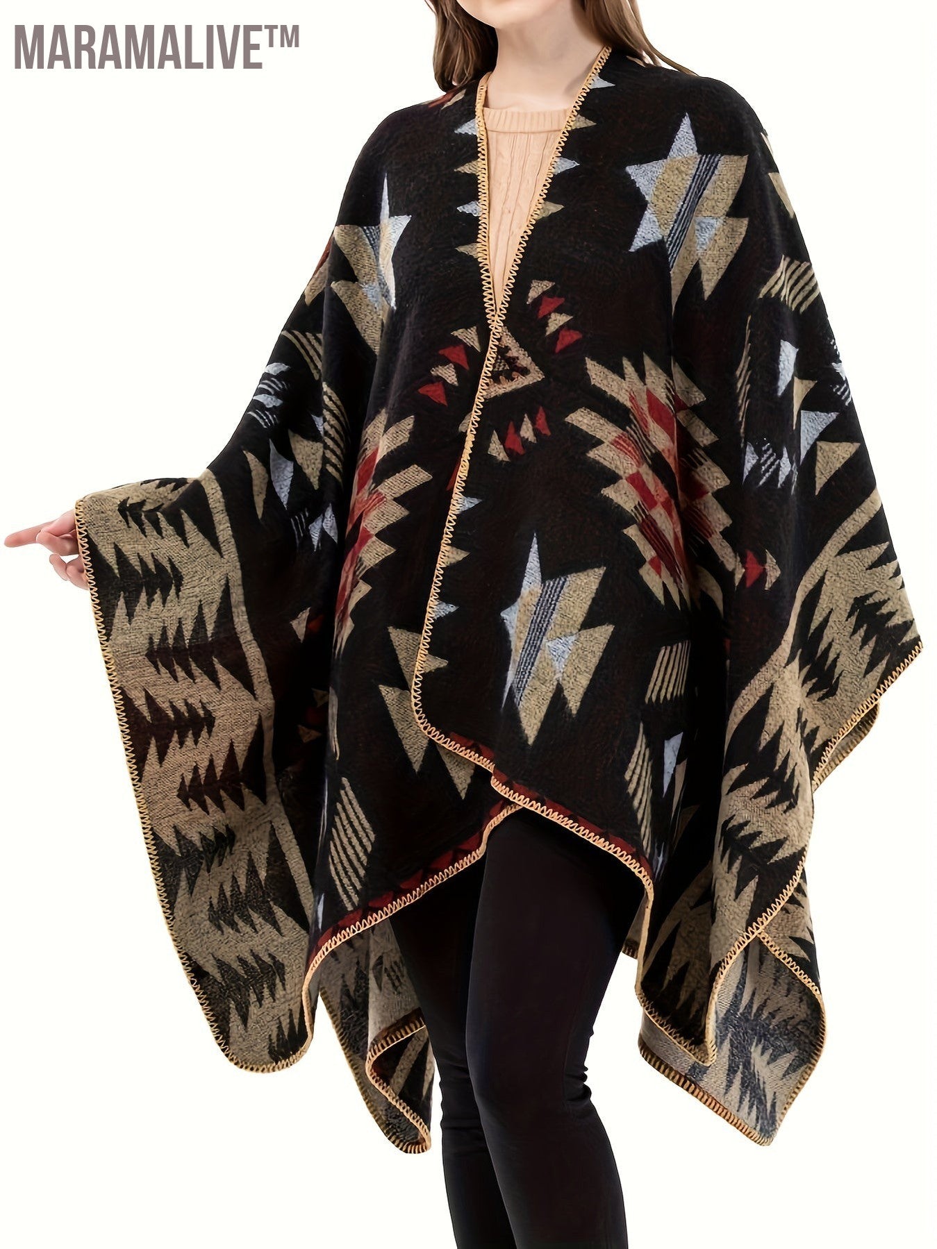 Plus Size Boho Coat, Women's Plus Aztec Print Batwing Sleeve Open Front Asymmetric Hem Shawl Cape Coat