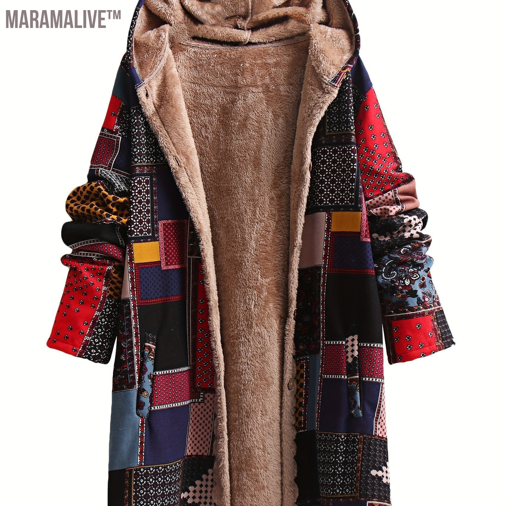 Plus Size Boho Coat, Women's Plus Patchwork Print Liner Fleece Long Sleeve Button Up Hooded Tunic Coat With Pockets