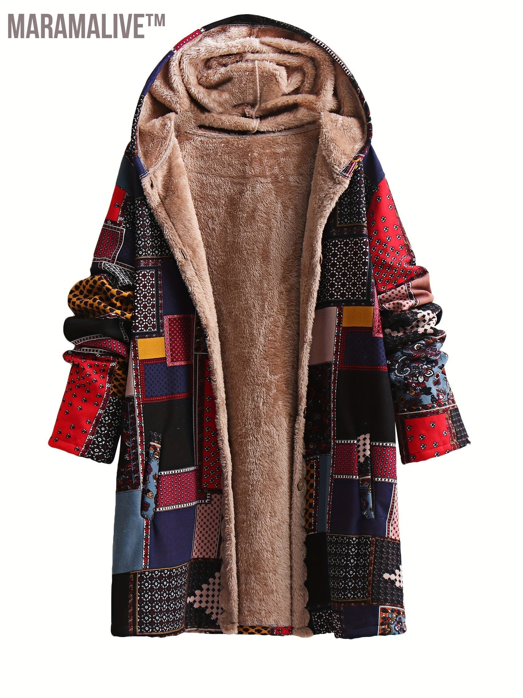 Plus Size Boho Coat, Women's Plus Patchwork Print Liner Fleece Long Sleeve Button Up Hooded Tunic Coat With Pockets