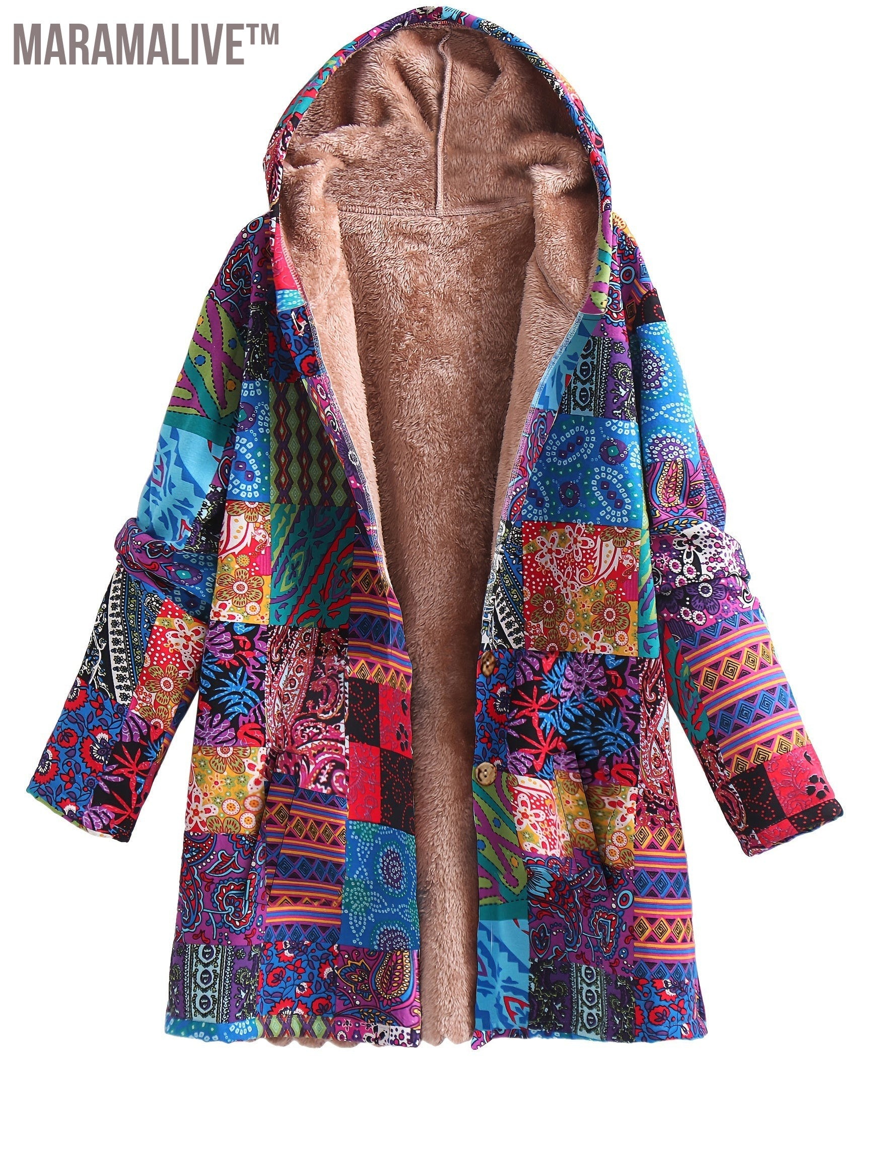 Plus Size Boho Coat, Women's Plus Patchwork Print Liner Fleece Long Sleeve Button Up Hooded Tunic Coat With Pockets