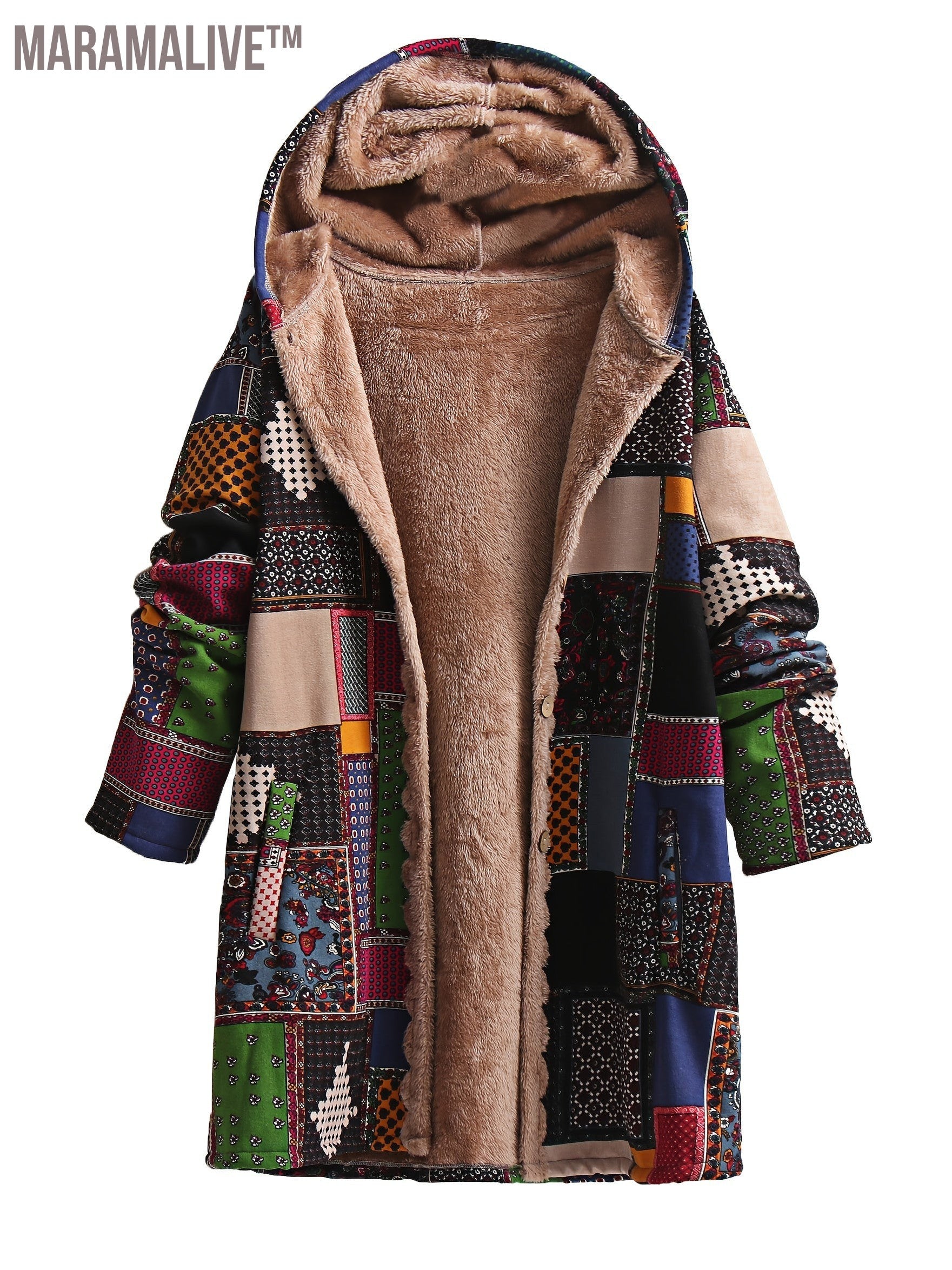 Plus Size Boho Coat, Women's Plus Patchwork Print Liner Fleece Long Sleeve Button Up Hooded Tunic Coat With Pockets