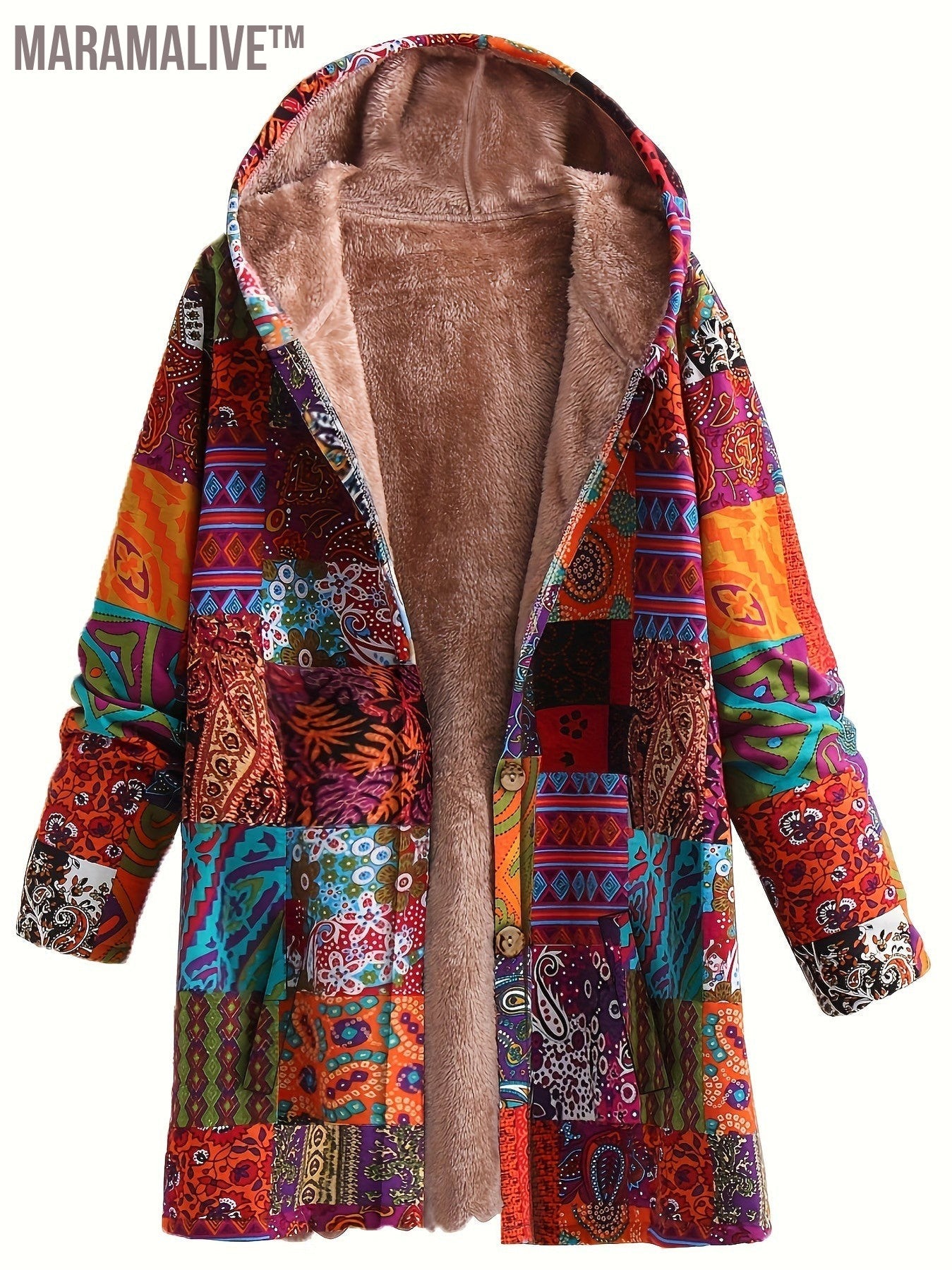 Plus Size Boho Coat, Women's Plus Patchwork Print Liner Fleece Long Sleeve Button Up Hooded Tunic Coat With Pockets