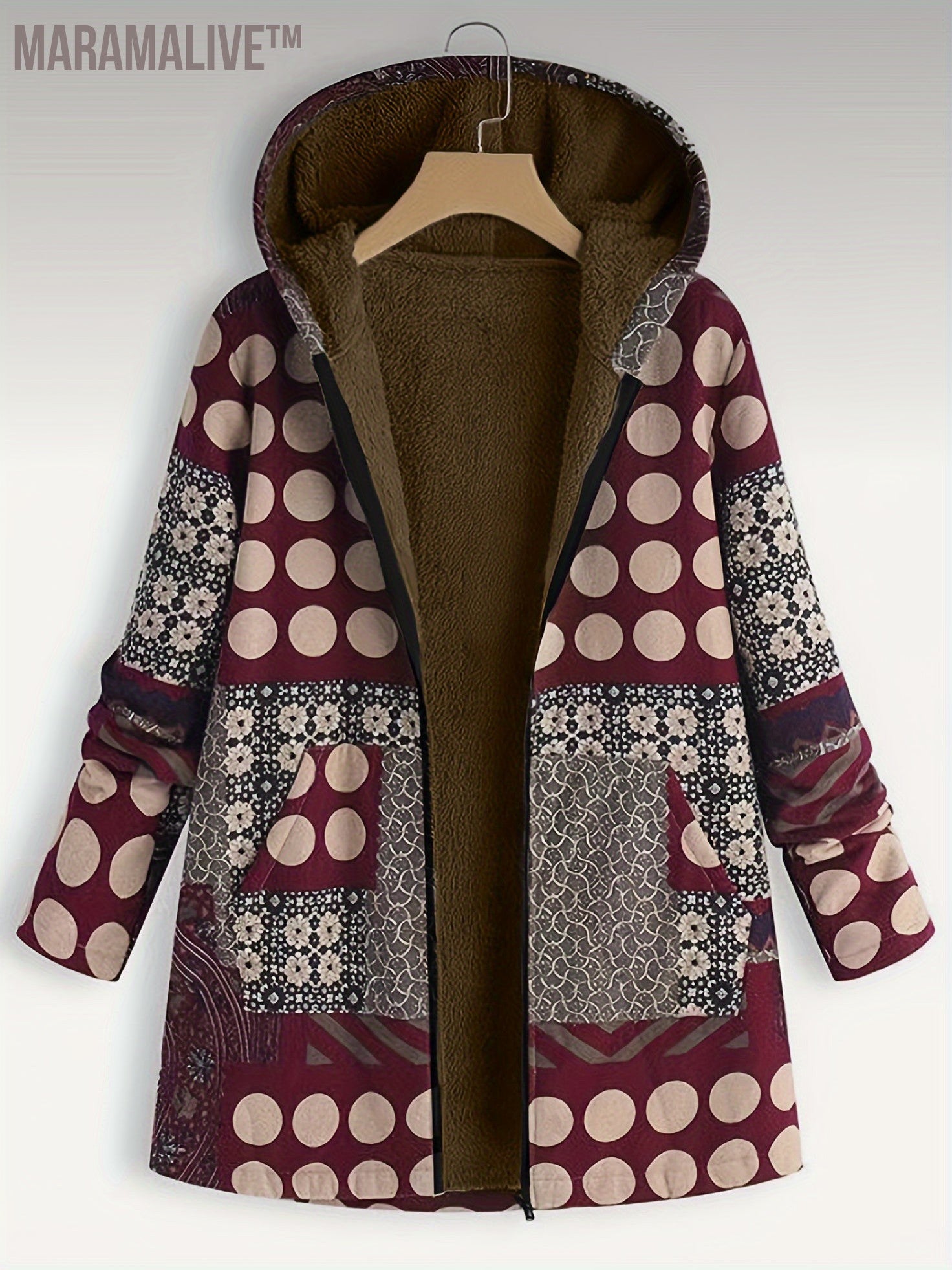 Plus Size Boho Coat, Women's Plus Patchwork Print Liner Fleece Long Sleeve Zipper Hooded Tunic Coat With Pockets