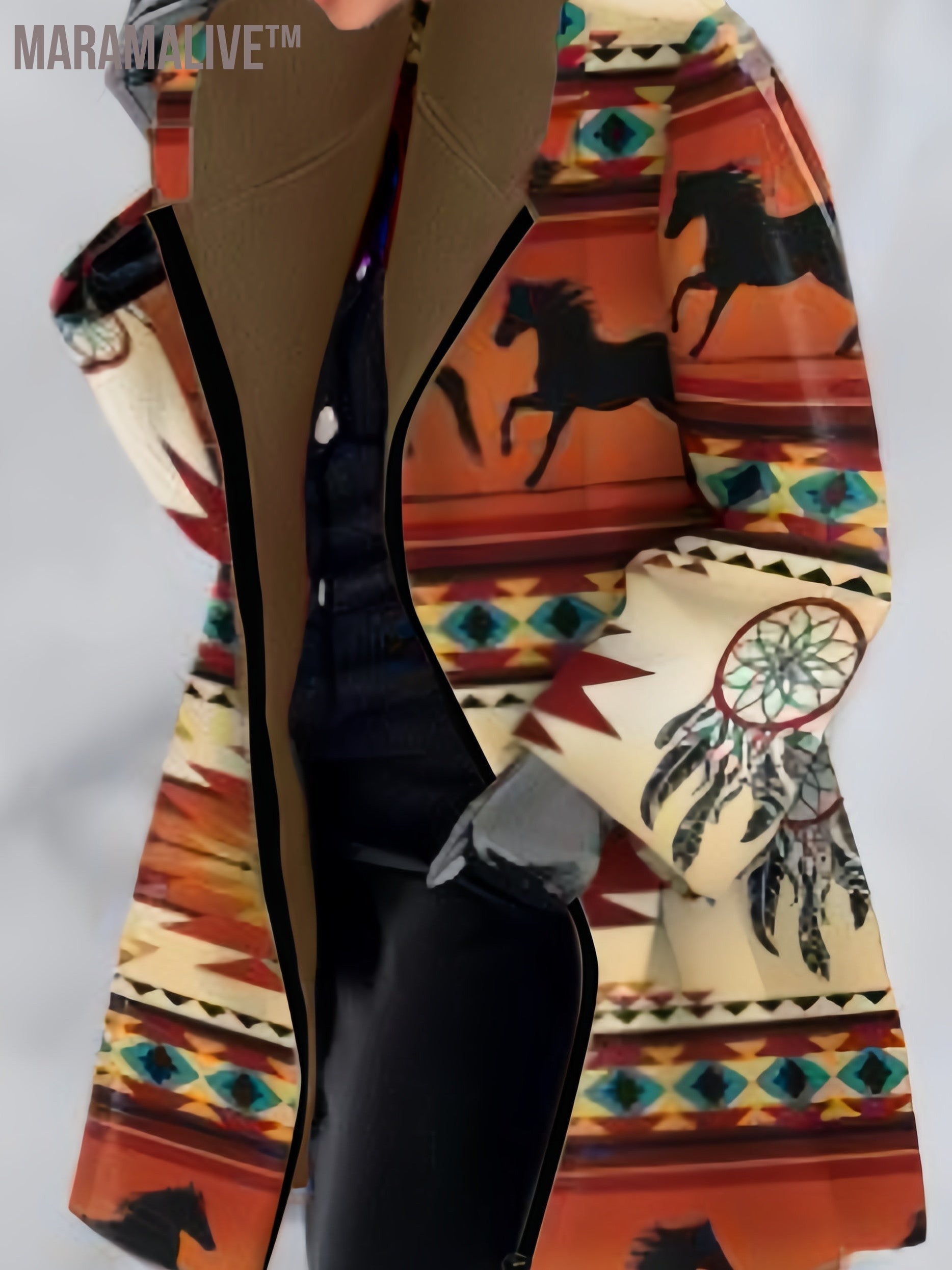 Plus Size Boho Coat, Women's Plus Patchwork Print Liner Fleece Long Sleeve Zipper Hooded Tunic Coat With Pockets