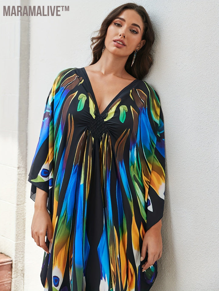 Plus Size Boho Cover Up, Women's Butterfly Print Chinese Knot Braided V Neck Maxi Loose Fit Beach Kaftan Dress