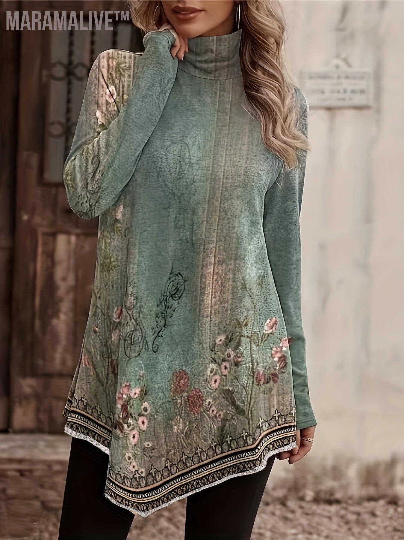 Plus Size Casual Top, Women's Plus Floral Print Long Sleeve High Neck Asymmetric Hem Tunic Top