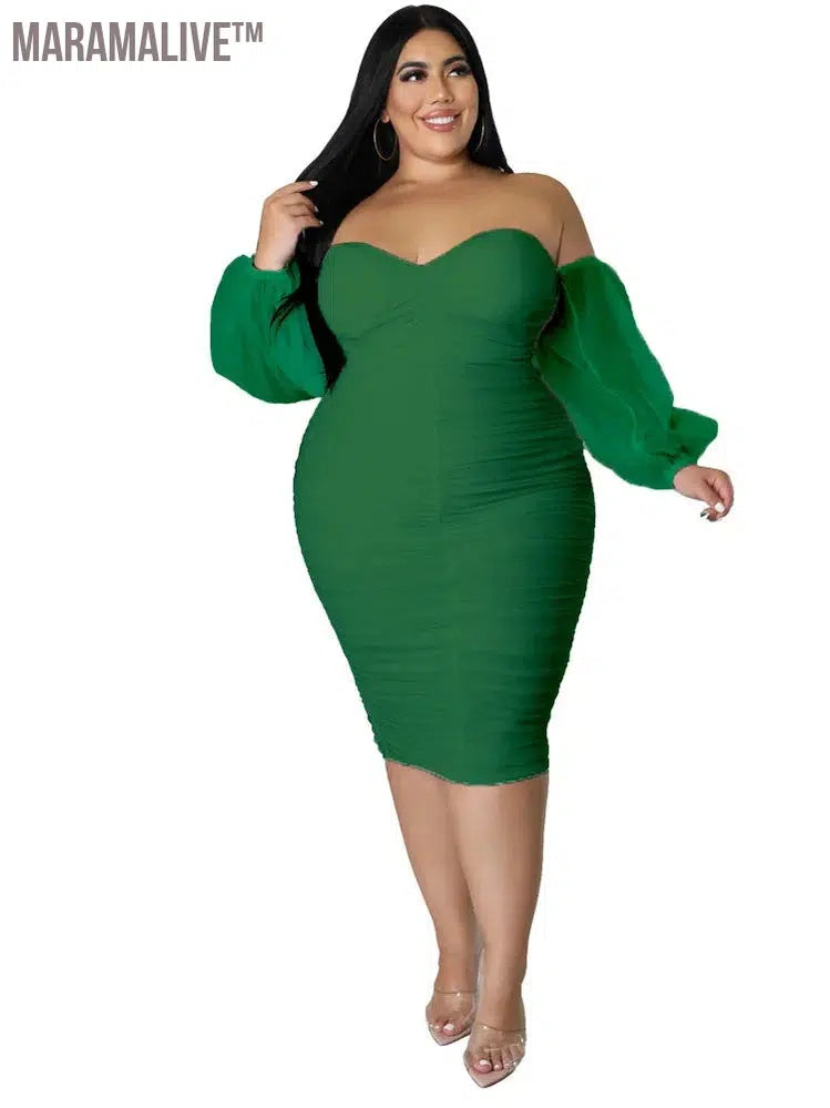 Plus Size Dress Women Party Off Shoulder Mesh Sleeve Sexy Elegant Maxi Dresses Birthday Outfits