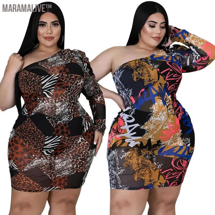 Plus Size Dresses Women Clothing Mesh Sexy Single Sleeve Bodycon Stretch Mini Dresses Fall Clothes